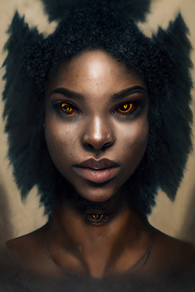 a black woman's face and shoulders. Her eyes are a deep gold color and a similar looking pattern appears on her throat