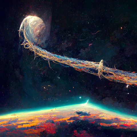 a rope made out of cosmic light stretches above the surface of a planet to enclose a moon.
