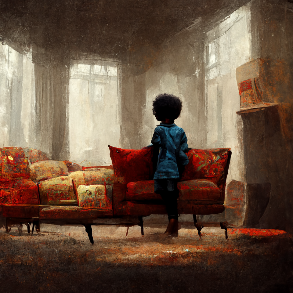 a person with an afro stands looking out at plush red and white furniture before several large picture windows. The edges of the image are blurred artistically.
