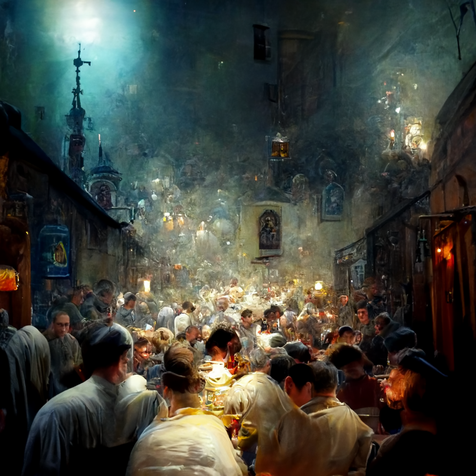 a number of people dressed in white clothings gather in a gloomy space lit with candles and beams of sunlight.