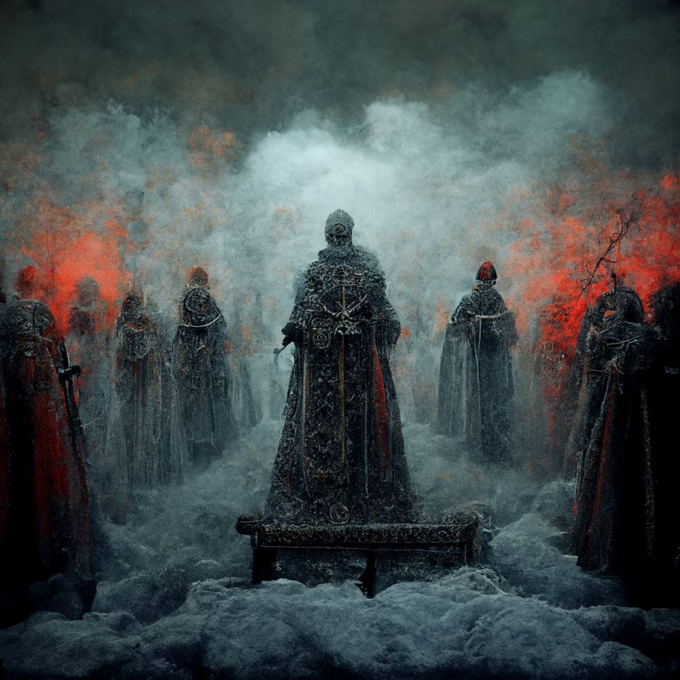a group of figures dressed in robes stand amidst rising smoke and fog. In the background, patches of orange light suggest fire.