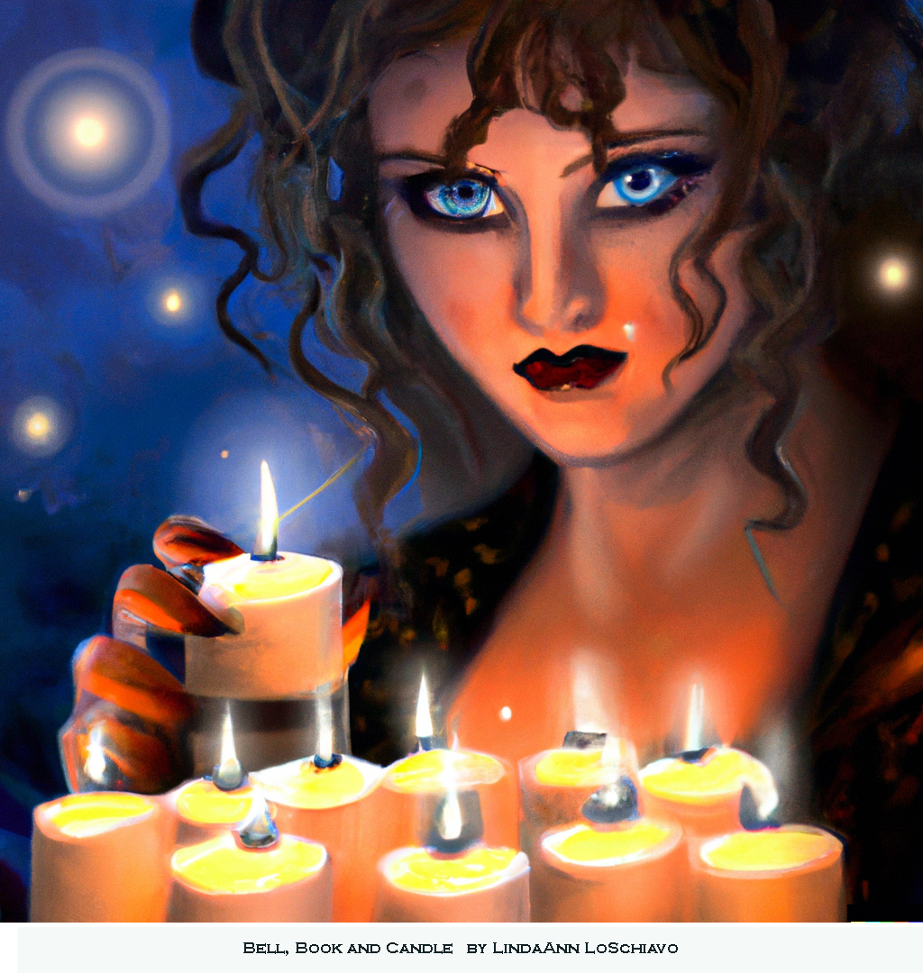 A woman holds a lit candle. More candles are in front of her, and in the background are floating dots of light in a dark sky