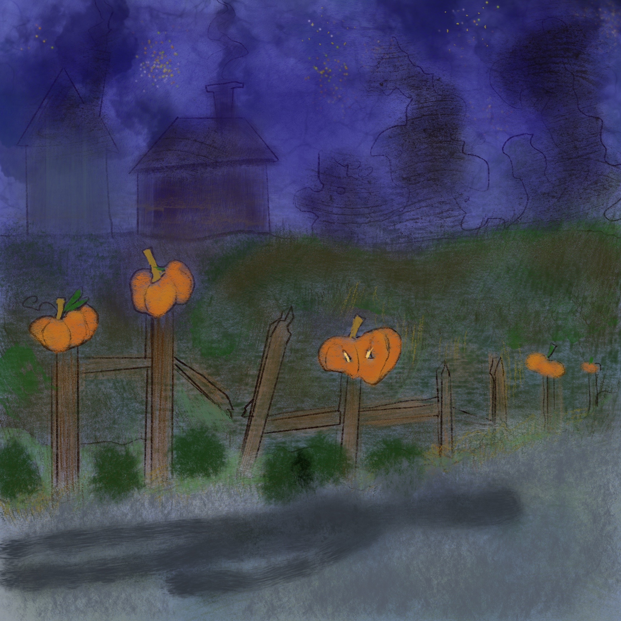 At dusk, the shadow of a person appears on the ground next to a fence lined with pumpkins. There are darkened houses in the background.